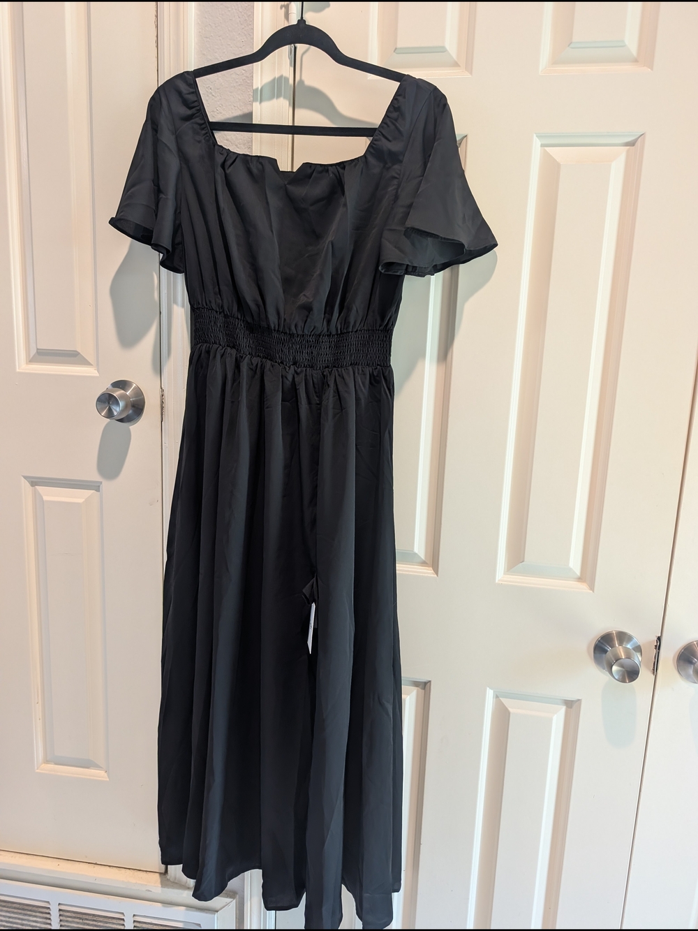 Black Square-Neck Smocked Waist Maxi Dress